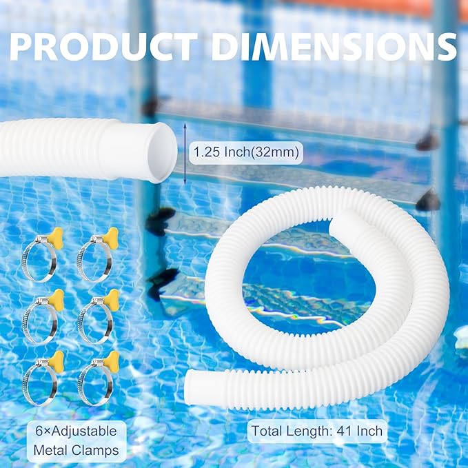 Pool Hose for Above Ground Pools, 3 Packs 1.25" Diameter Pool Pump Replacement Hose 41 Inches Length Swimming Pool Hose with 6 Pcs Hose Clamps