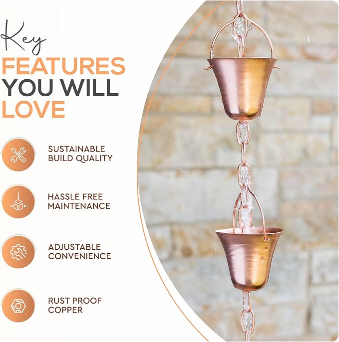 Copper Rain Chain – Decorative Chimes & Cups Replace Gutter Downspout & Divert Water Away from Home for Stunning Fountain Display – for Universal Fit