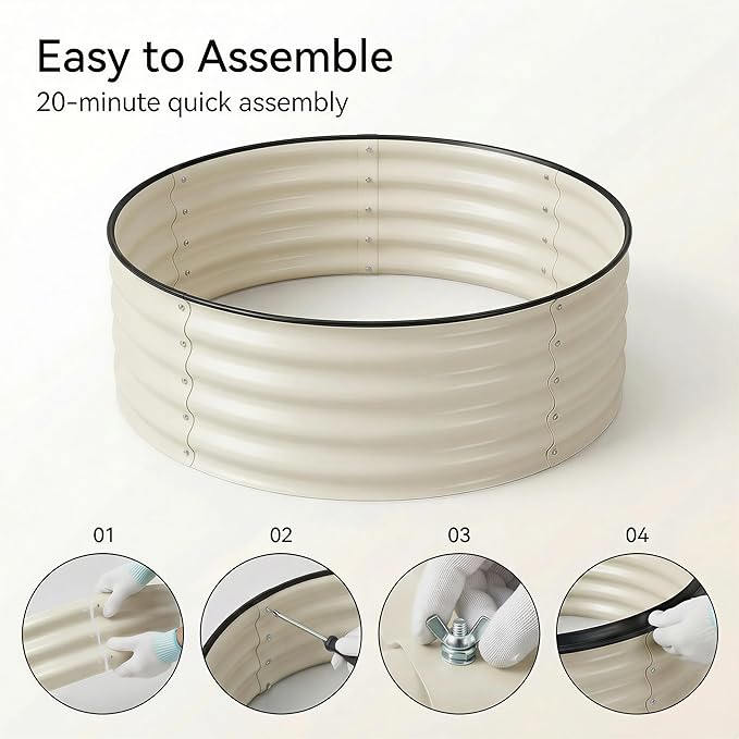 Sponvatt 1 Pcs Round Galvanized Raised Garden Bed Kit 24 x 12 Inch Metal Planter Box Outdoor with Safety Rubber Edge Trim Rust Proof Weather Resistant Circular Steel Garden Beds White 12 Inch Deep