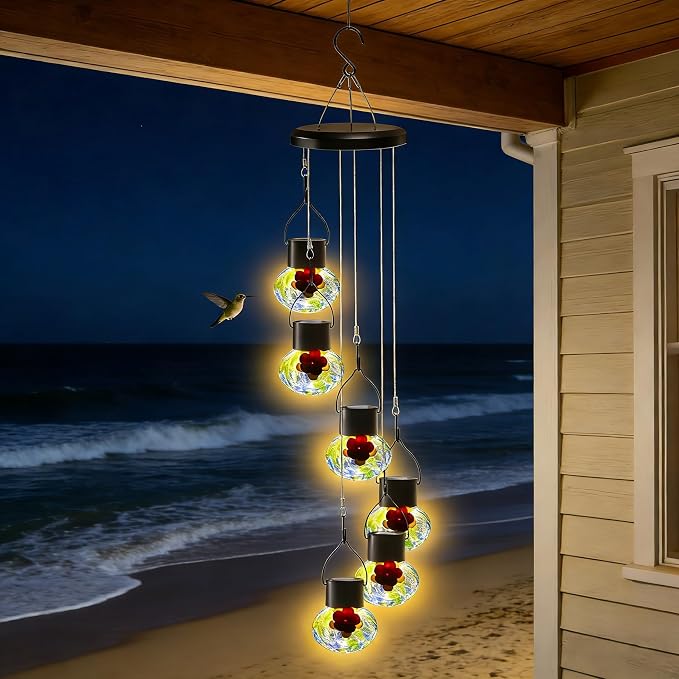 Solar-Powered Hummingbird Feeder with Wind Chime Elegance – 6 Leak-Proof Glass Ports, Frosted Design & Blue Green Night Lights – Perfect Outdoor Gift for Nature Enthusiasts