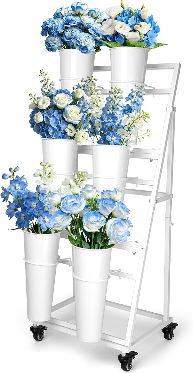 Flower Bar Stand with 6 Buckets, 3-Tier Metal Flower Display Stand on Wheels, Mobile Flower Cart for Indoor & Outdoor Garden, Flower Shop, Wedding, Party Decor(White)