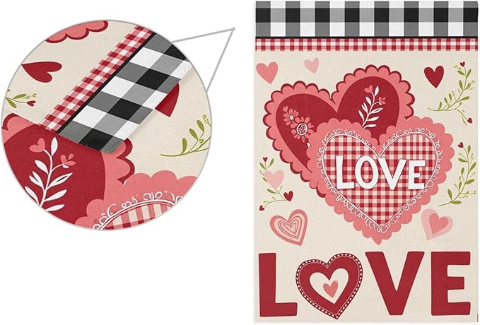Pfrewn Valentine House Flag 28 x 40 Double Sided, Sweet Love Hearts Plaid Garden Yard Flags Welcome Spring Outdoor Indoor Banner for Wedding Party Home Decorations