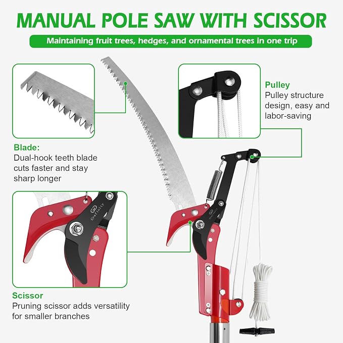 Grefinity Manual Pole Saw, 27 Ft Tree Trimmer, Extendable Pole Saws for Tree Trimming, Sharp Steel Blade and Scissors, for Backyard and Garden Pruning Palms & Shrubs, Green