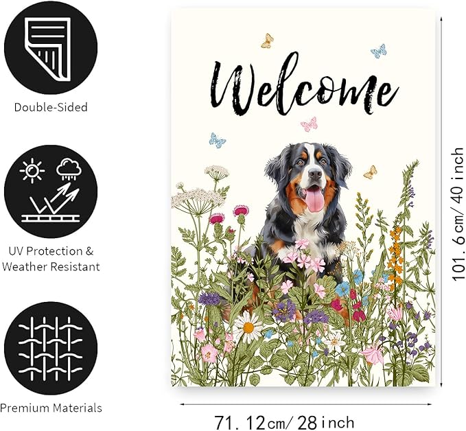 Floral Bernese Mountain Garden Flag Spring Summer House Flags 28 x 40 Double Sided Flower Dog Yard Flags for Outside Large Outdoor Welcome Flags