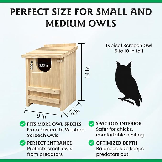 Pine Wood Owl Nesting Box with Shavings for Screech Owls & American Kestrels, 14" x 9" x 9" Outdoor Owl House, Weatherproof, Durable & Easy to Install, Natural Wood Color