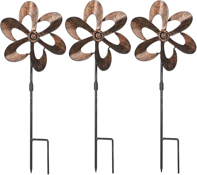 Aoutrow 3 Pack Wind Spinners with Metal Stake, 16.3 Inches Outdoor Wind Catcher Garden Sculptures Bronze Metal Windmill for Spring Garden Yard Lawn Patio Decoration