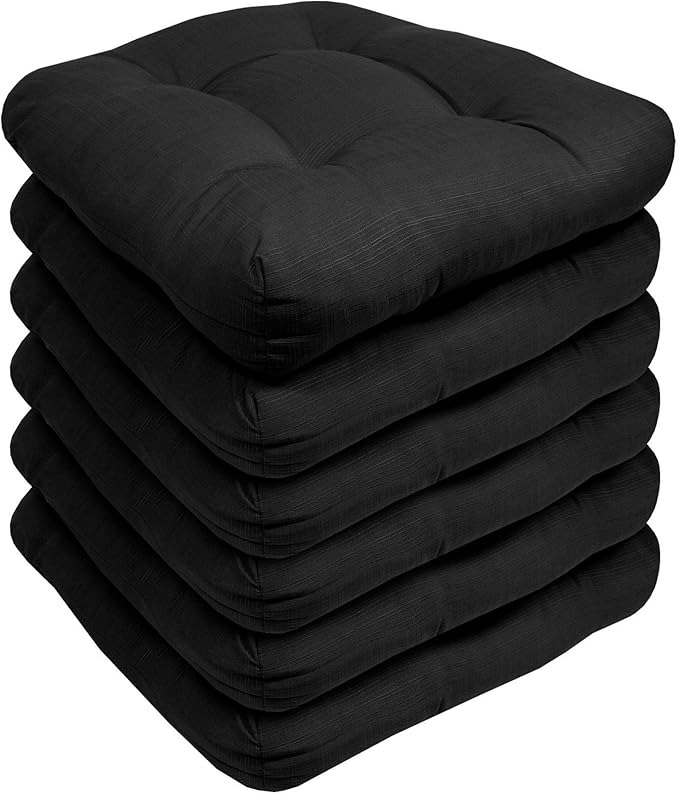 Sweet Home Collection Patio Cushions Outdoor Chair Pads Premium Comfortable Thick Fiber Fill Tufted 19" x 19" Seat Cover, 6 Pack, Black