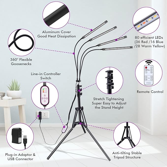 Felibeaco Plant Grow Lights for Indoor Plants Full Spectrum, LED Floor Plant Lights for Indoor Growing with Adjustable Stand (14"-63"), Indoor Plant Grow Lamp with Timer, Auto On/Off for House Plants