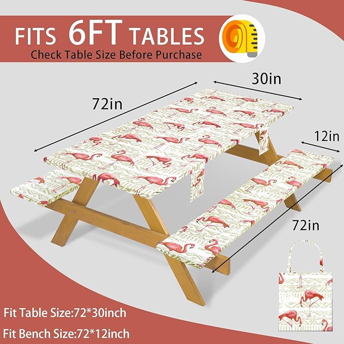 Fitted Waterproof Picnic Table Cover with Bench Covers Heavy Duty Elastic Outdoor Camping Tablecloth for 8 Foot Rectangle Tables Summer Rv Accessories Patio Garden Road Trip Essentials Gifts