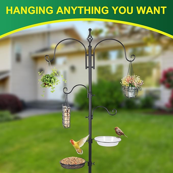 MorningRo Adjustable Shepherd Hook Stand, 34"- 55" Black Iron Shepherd Hook with Base for Plant Hanging, Wind Chime & Bird Feeder - Outdoor Garden Porch Decoration(Basic Style)