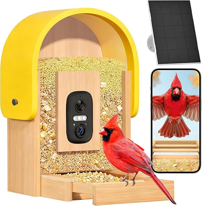 Smart Bird Feeder with Camera Solar Powered, Upgraded 2.7L Smart Camera Bird Feeder Al Identify for 16000 Plus Species,Auto Capture & Real-time Notifications,Ideal Gift for BirdLovers (Round Roof)