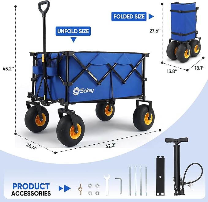 Sekey Heavy Duty Beach Wagon with 9" Big Sand-Proof Wheels – 600lb Capacity, 200L Oversized Foldable Cart | Adjustable Handle & All-Terrain Tires for Sand, Camping, Groceries