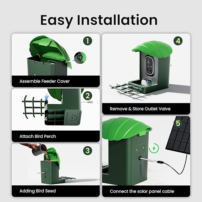 HEAPETS Smart Bird Feeder with Camera, 4K Ultra HD Live Stream, AI Species Identification, Solar Powered, Instant Motion Alerts, IP65 Weatherproof Outdoor Gifts for Bird Lovers, Green