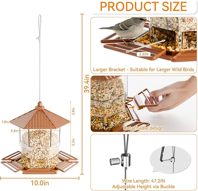 Yieach Hopper Bird Feeders for Outdoors Hanging,Large Birdfeeders for Outside Squirrel Proof,Covered Bird Seed Feeder for Outside,Plastic Wild Bird Feeder for Blue Jay,Cardinal,Garden Decoration,Brown