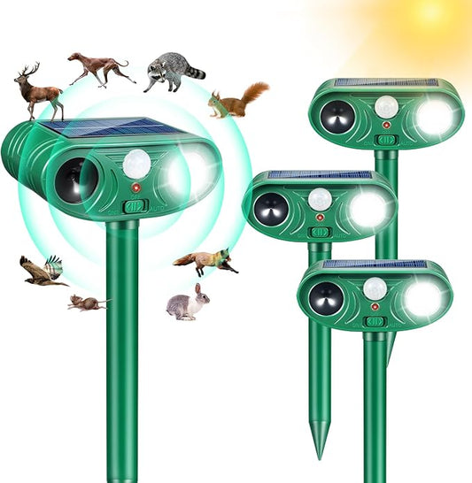 4 Pack Solar Ultrasonic Animal Repeller Outdoor, Cat Deterrent & Deer Repellent Device, Waterproof Squirrel Rabbit Control Deterrent with Motion Sensor & LED Waterproof Cat Deterrent for Garden Yard