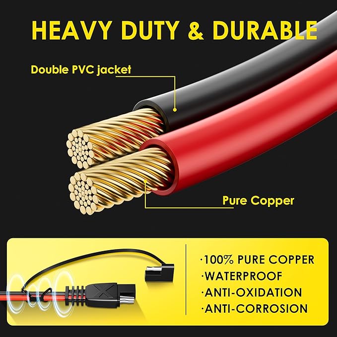 SUNAPEX SAE to SAE Extension Cable: 16 AWG 15 FT Pure Copper Cord - Waterproof Quick Disconnect Wire Connectors with Polarity Reverse Adapter Dust Caps for Automotive, Solar Panel, RV, Battery Charger