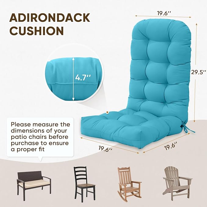 COOS BAY High Back Adirondack Chair Cushions for Outdoor Furniture, 49x20x5 in Water-Resistant Thick Tufted Patio Chair Cushions with Secure Straps, Set of 2, Blue