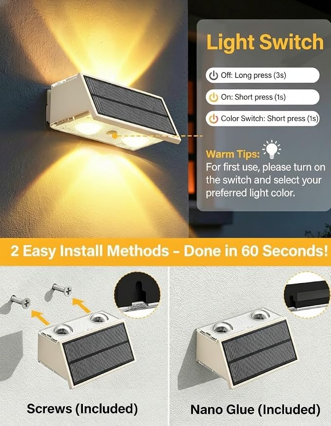 Solar Fence Lights Outdoor, 100LM Fence Lights Solar Powered, 9 Color Modes, Up and Down LED Focused Beam, 12H Dusk to Dawn Glow for Pool/Patio/Wall/Backyard - 2 Pack, Pure White