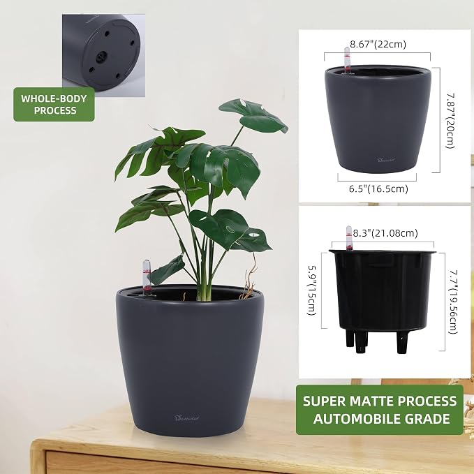 Dexceder 9x8 Self Watering Planter (Slate Gray Matte) | Inner Pot Design, Thickened Table Flower Plant Pot with Water Level Indicator Indoor Outdoor