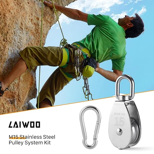LAIWOO M15 Stainless Steel Pulley System Kit-Heavy-Duty Pulley Wheel, Pulley Block with Nylon Rope, Hooks, Eye Pad Plate, and Rope Cleat - Ideal for Lifting, DIY Projects, and Clothesline (2 Pack)