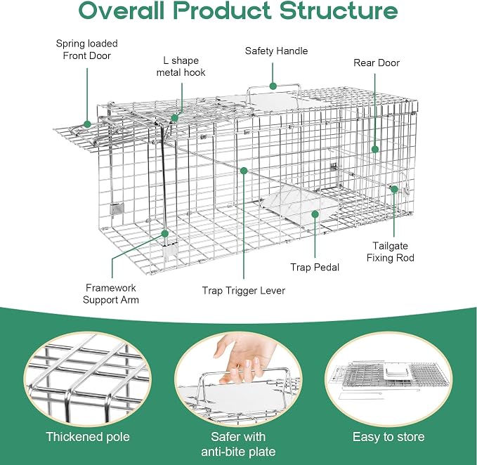 Humane Live Animal Trap Cage 32" × 13" × 11",Heavy-Duty Live Catch Cage for Raccoon, Squirrel, Stray Cats, Groundhogs, Armadillos, Opossums, Rabbits, Skunk, Mole, Small Wildlife Control
