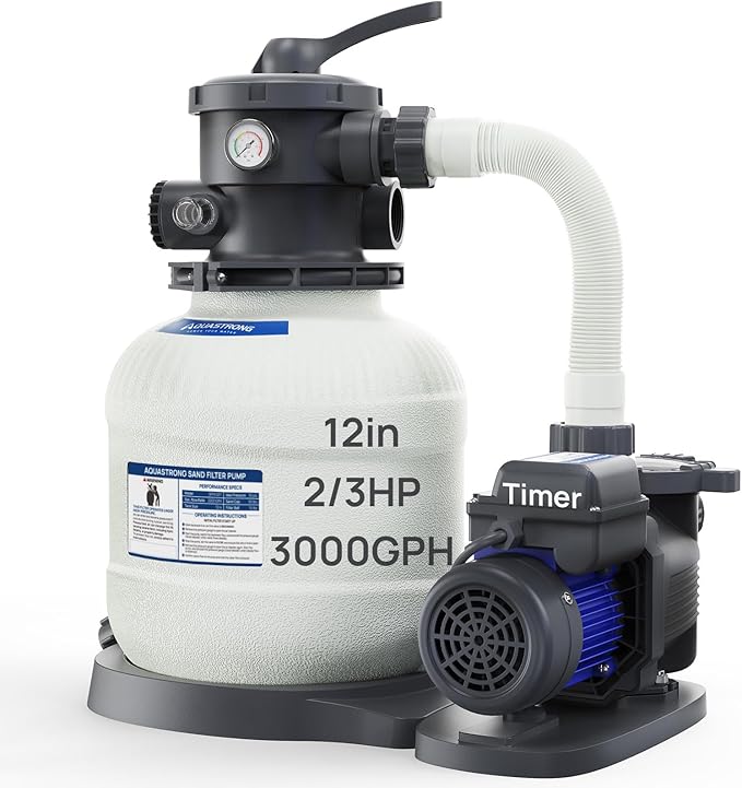 AQUASTRONG Sand Filter Pump for Above Ground Pool, Pool Pumps Above Ground with Timer, Pool Sand Filter with 6-Way Valve,Improved Circulation and Filtration,12in, up to 14000 Gallons