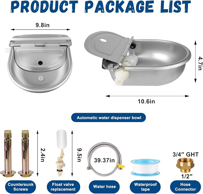 Automatic Water Dispenser for Dogs, Auto Dog Waterer for Outdoor, Stainless Steel Water Bowl Dispenser for Livestock, Chicken Water System, Self Filling Dog Water Bowl Fit 3/4'' GHT Faucet