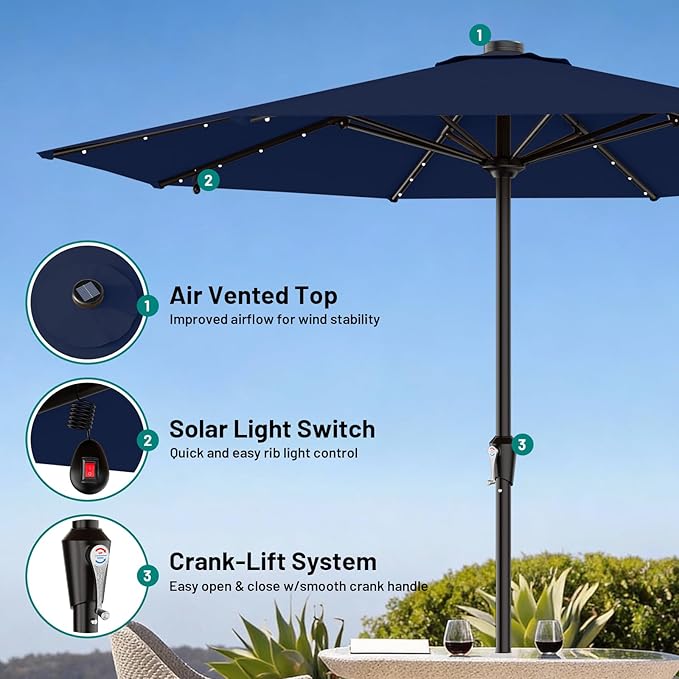AreShark 11FT Large Patio Umbrella with Solar Lights, Lighted Solar Umbrella with Crank, Outdoor Table Market Umbrellas for Garden, Deck, Backyard, Pool and Beach, Navy
