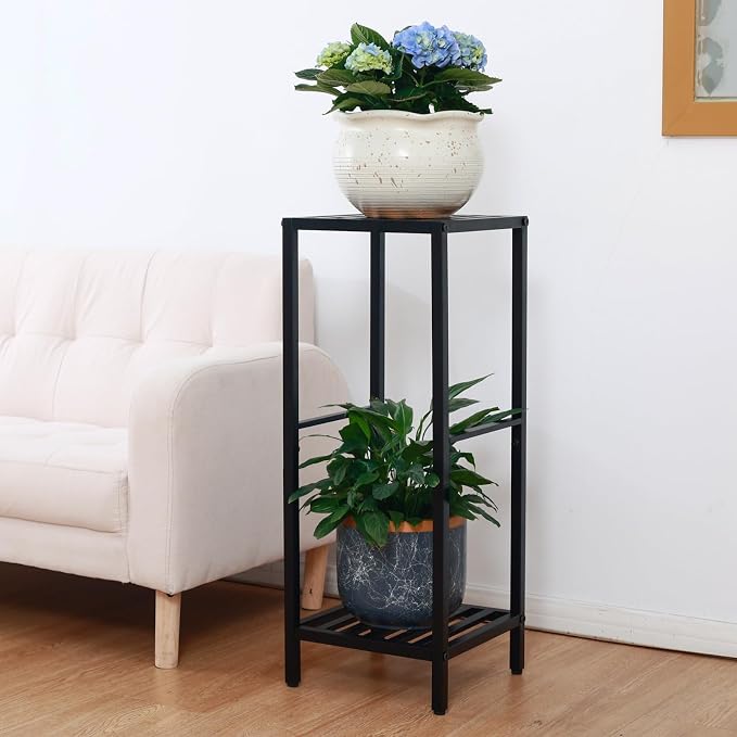 Party Zealot 2-Tier Tall Metal Square Plant Stand 31” Heavy-Duty Modern Flower Pot Rack for Indoor Living Room, Corner Side Table for Outdoor Patio, Garden, and Balcony, Black