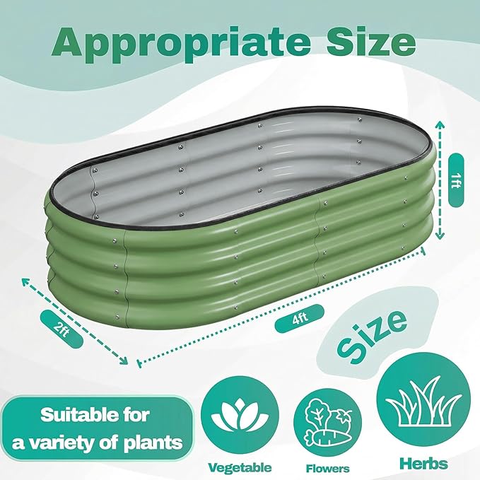 2PCS 4x2x1 FT Oval Metal Raised Garden Bed Kit, Elevated Garden Planter Box Outdoor, Trough Planter for Outdoor Plants, Flower, Vegetables, Fruit, Herbs (Green)