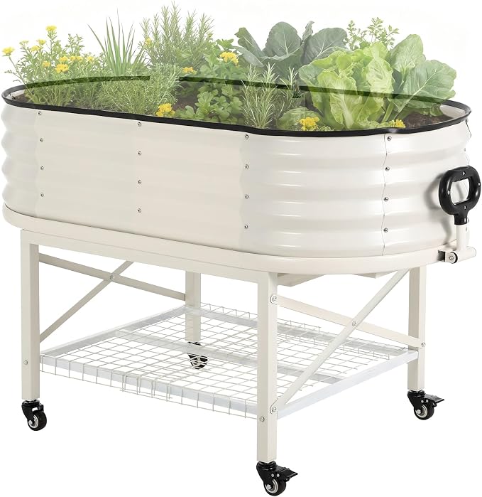 Garvee Galvanized Raised Garden Bed Large Oval Kit with Cover Zippered Screen Doors, Open Base Design, Thick Steel, Easy Assembly, Planter Box for Vegetables, Flowers (White, 4x2x1 ft)