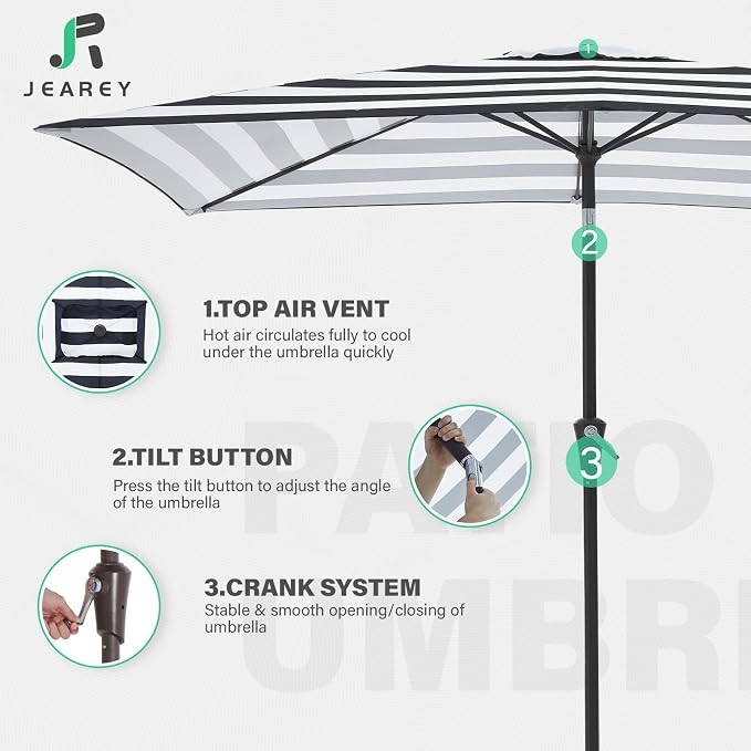 JEAREY 6.5x10 ft Rectangular Patio Umbrellas Rectangle Outdoor Umbrella with Push Button Tilt and Crank, Market Table Umbrella 6 Sturdy Ribs UV Protection for Poolside Garden Backyard Deck, Black-White Stripe