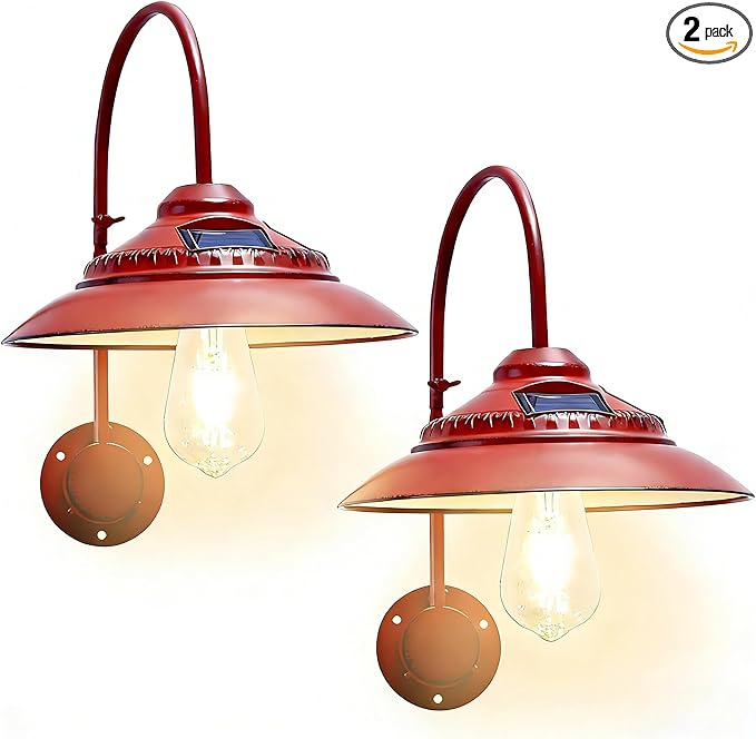 Goodeco Solar Barn Lights Outdoor - Warm White Outdoor Wall Lights with Motion Sensor & Clear Glass LED Edison Bulbs, No Wiring, Ideal Gifts for Patio Porch Deck & More, Red (2 Pack)