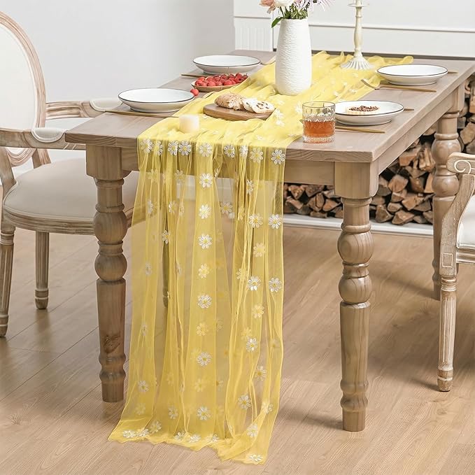 Horaldaily Yellow Embroidery Daisy Spring Summer Gauze Tablecloth 52×70 Inch Rectangular, Seasonal Tulle Table Cover, Garden Party Decorations for Wedding, Party, Holiday Dining