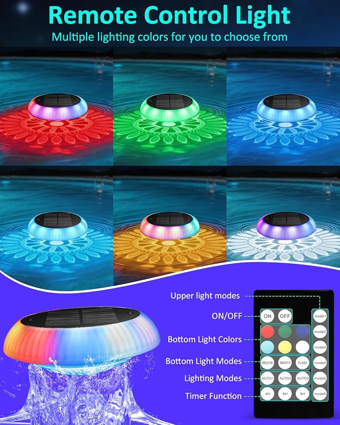 Yogaret Floating Pool Lights Solar-Powered - 4pack 6.42 Inches RGB Upper& Lower Color Changing Solar Pool Lights, IP68 Waterproof Swimming Pools Light for Party Decor, Pond, Garden