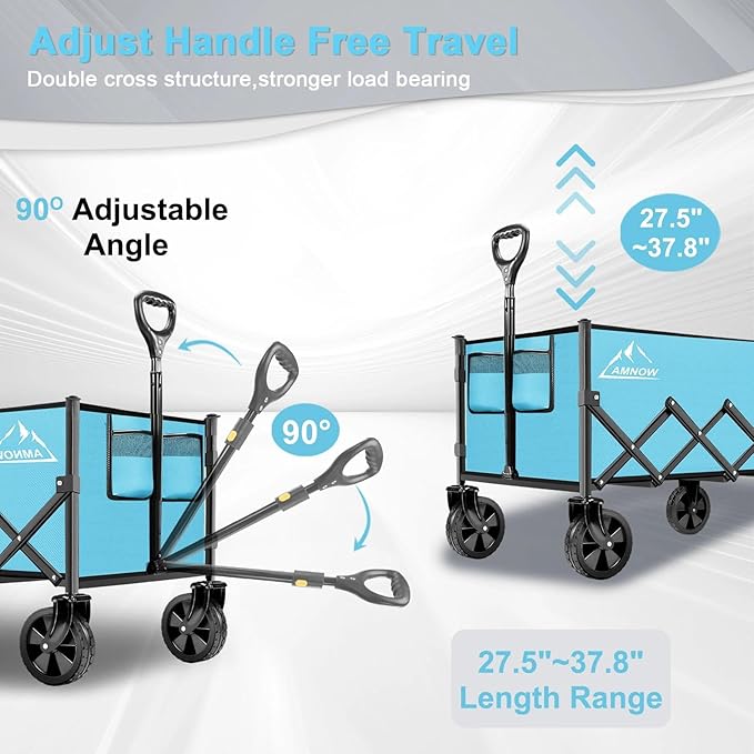 Collapsible Folding Wagon Cart, 350LBS Utility Large Capacity Cart Foldable Wagon with All Terrain Wheels, Grocery Wagons Carts for Garden Shopping Sports Camping, Light Blue