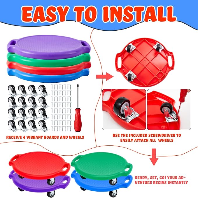 Soulchen Manual Sports Scooter Board with Handles, Sitting Scooter Board with Universal Wheels for Home Gym Indoor Outdoor Activities Play Equipment