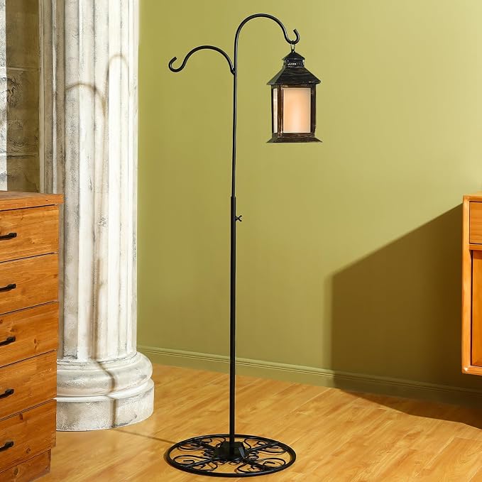 Blulu 34-55 Inch Adjustable Black Iron Shepherd Hook with Base Indoor Outdoor Hanging Plant Stand Bird Feeder Stand Wind Chime Flower Basket for Garden Plants Weddings Event Home Stylish Decor