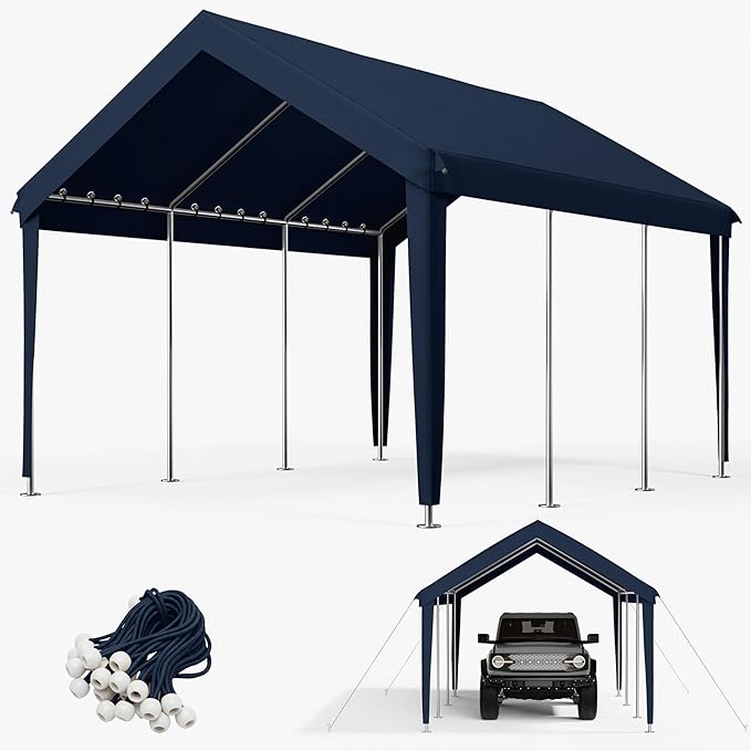 10 x 20 Ft Carport Replacement Cover, Heavy Duty Outdoor Car Tarp Canopy, Waterproof & UV Protected Tear Oxford Tarp with Ball Bungees (Frame is Not Included)