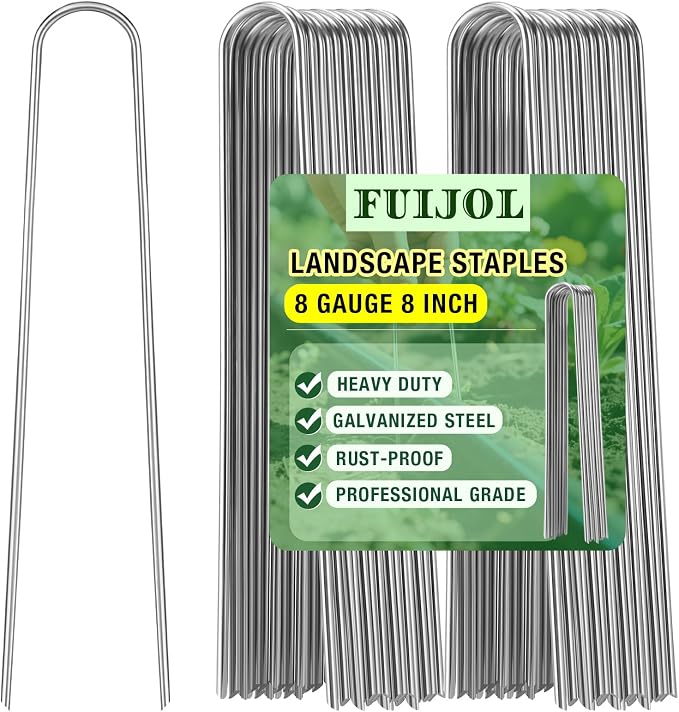 8 Gauge Landscape Staples, FUIJOL 8 Inch 15 25 50 100 Pack Heavy Duty U-Shaped Landscape Stakes, Galvanized Garden Staples for Weed Barrier Stakes, Ground Cover, Irrigation Tubing, Fence (25, 8 Inch)