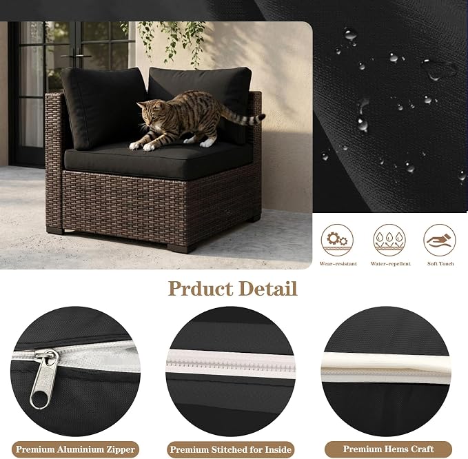 14pcs Outdoor Patio Cushion Covers Replacement, 25.6" Zippered Outdoor Cushion Covers Waterproof, UV Resistant & Washable Patio Furniture Cushion Covers Waterproof for Patio Sectional, Black