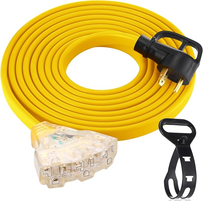 Tellegloww 20 FT Flat RV Generator Adapter Cord NEMA TT-30p to 3X 5-20R/5-15R, 30A to 110V 15/20 A Household Outlet Adapter, 10 Gauge Flat Rv Generator Extension Cord, Etl Listed, Yellow