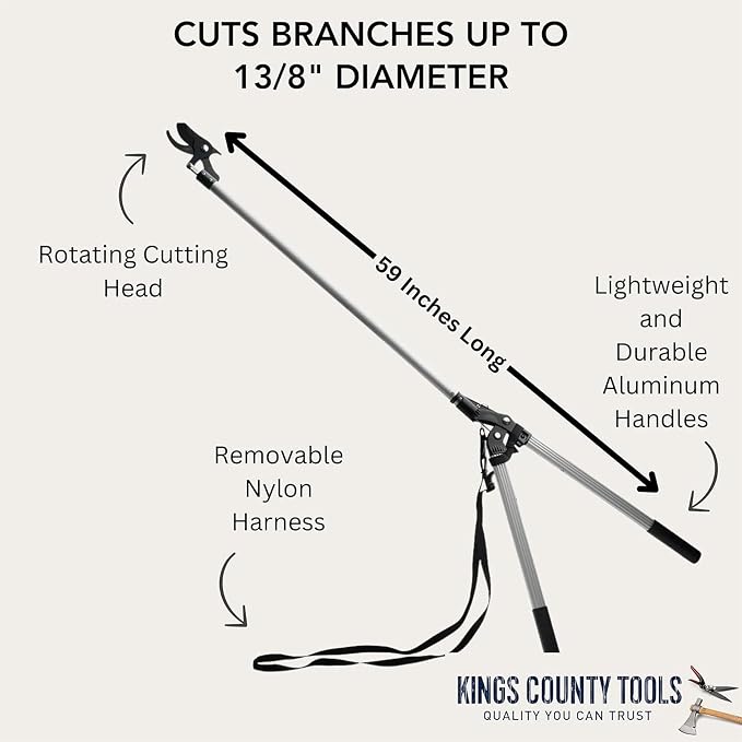 Tree Trimmer Pruning Shears - 59” Long Reach Pruner with Rotating Head and Sharp Bypass Loppers - Tree Branch Cutter for Branches Up to 1-3/8” - Lightweight Aluminum Pruners by Kings County Tools