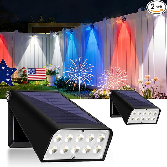 EMANER Solar Deck Lights Outdoor RGBW Solar Fence Lights Waterproof, 3000mAh 20Hrs+ Stay On Dusk to Dawn Solar Powered Wall Lights Address Light for Garden, Yard, Driveway, Patio, 4th of July (2Pack)