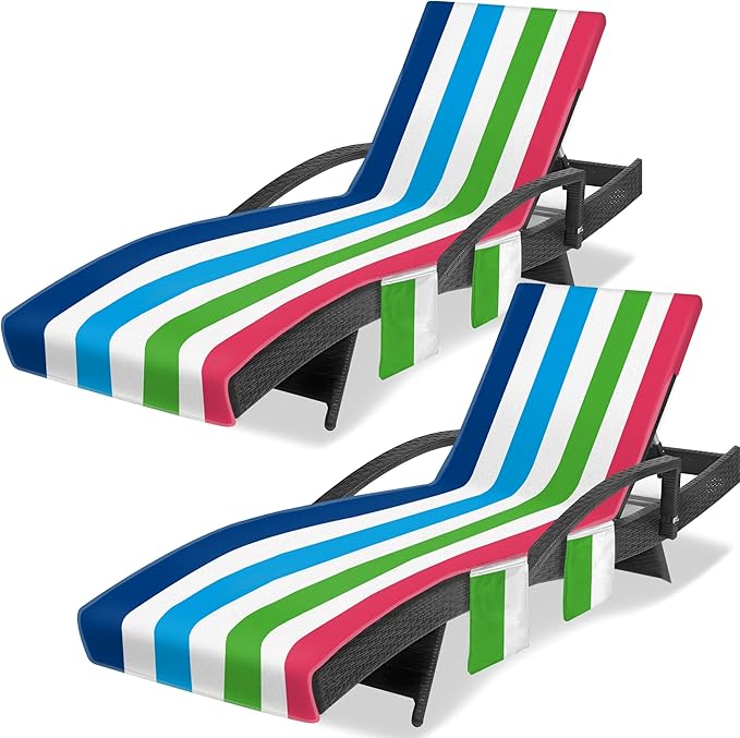 Lounge Chair Towel Cover, Chaise Lounge Cover (Pack of 2), Beach Chair Covers with 3 Pockets for Pool Sunbathing Beach Garden Courtyard Outdoor Trips, 85 x30 in, Striped Colorful Blue Red