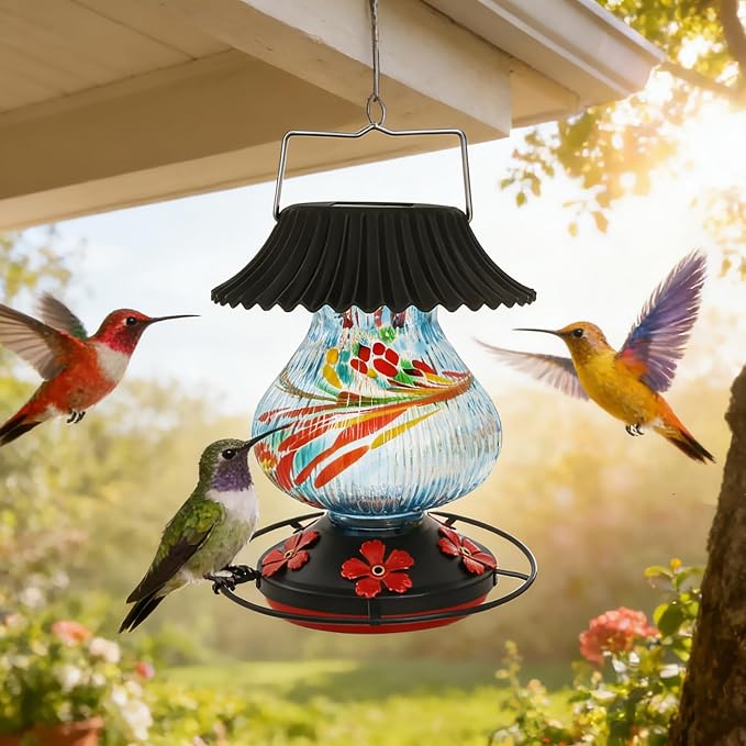 Solar Glass Hummingbird Feeder for Outdoors- 26 fl.oz Best Hummingbird Feeders with Ant Moat & Perch - 5 Feeding Ports - Wasp Leak Proof- Hand Blown Glass Color Changing Glowing in Dusk
