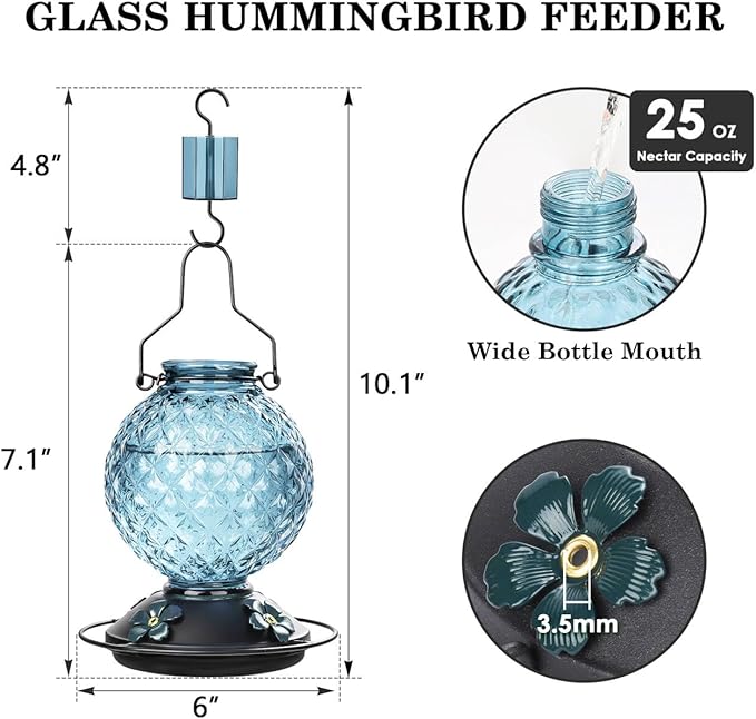 Glass Hummingbird Feeder for Outdoors Hanging, 25 OZ Humming Bird Nectar Feeder with 4 Bee Guard Feeding Ports & Built-in Ant Moat, Bird Feeder for Outside, Gifts for Women Mom, Blue