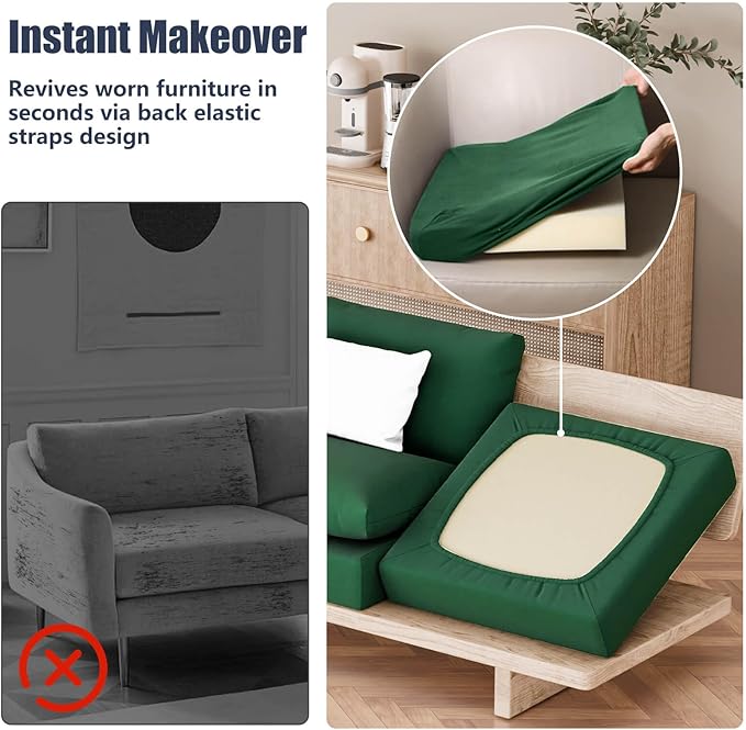 8Pcs Patio Stretch Cushion Covers, Outdoor Couch & Sofa Replacement Slipcovers for Patio Furniture Cushion Covers, Washable Reusable Furniture Protector, Square Large, Dark Green