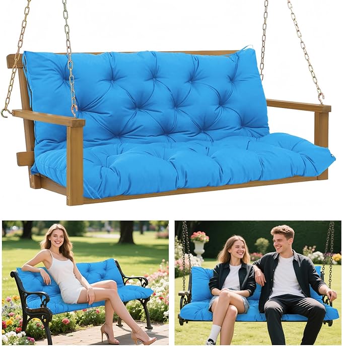 Porch Swing Cushions 60x40 Inch, 5" Extra Thick Waterproof Outdoor Swing Seat Cushion with Backrest & 8 Non-Slip Ties PP Cotton + Memory Foam Fill, Fade-Resistant 3-Seater Replacement for Patio Bench