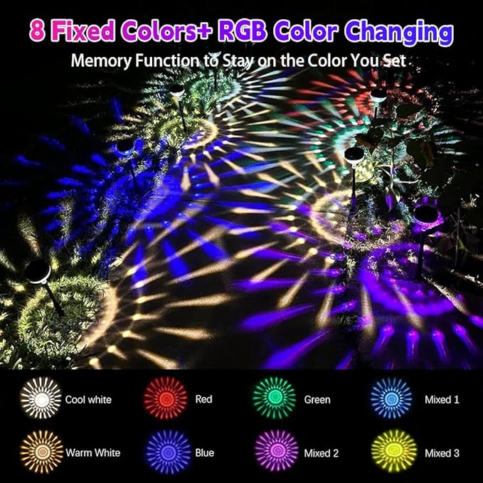 JNOEC 8Pack Solar Pathway Lights Outdoor, Color Changing+8 Fixed Color (Warm White, Cool White, Colored) Solar Lights Outdoor, Bright Solar Powered Garden Light